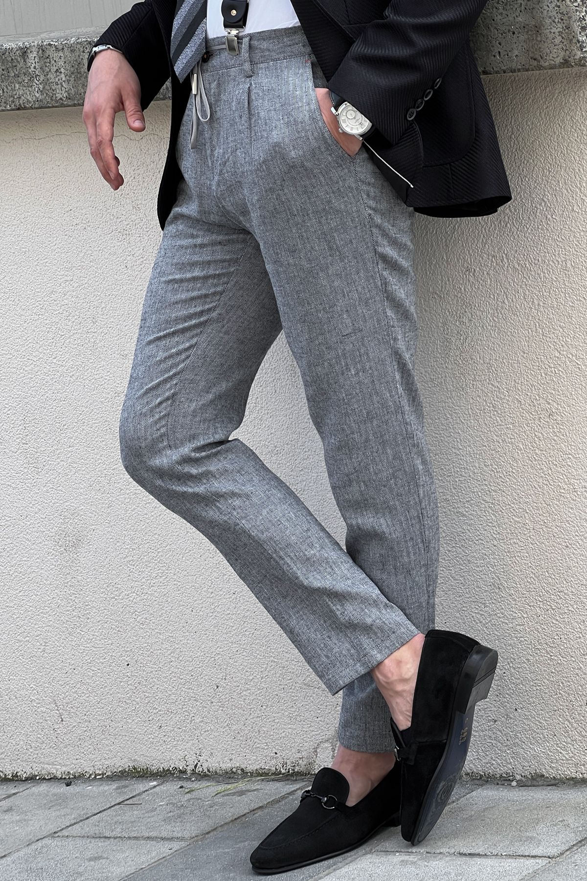 Axim Gray Self-Patterned Slim Fit Pants