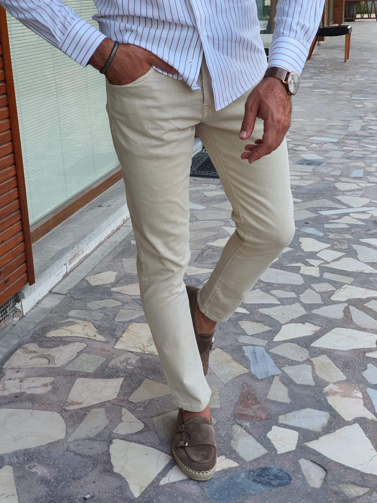 Elmore Beige Slim Fit Jeans