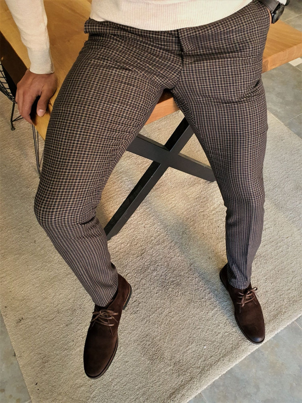 Ascona Brown Plaid Slim Fit Pants