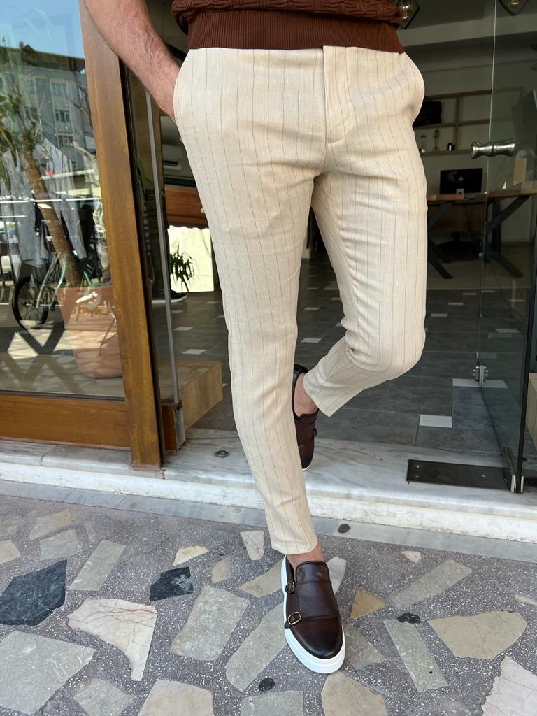 Lyon Beige Striped Slim Fit Pants
