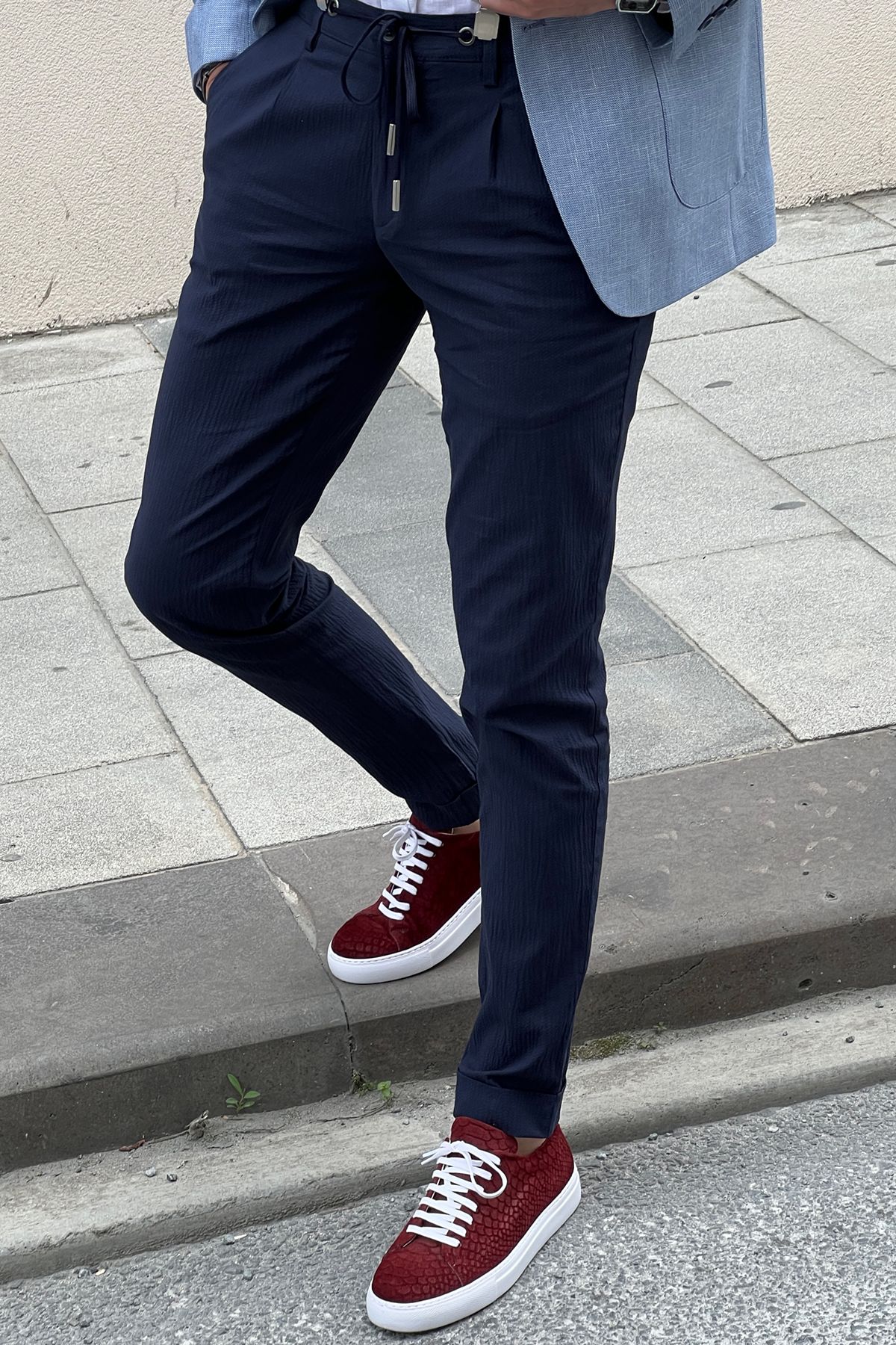 Eugene Navy Blue Self-Patterned Slim Fit Pants